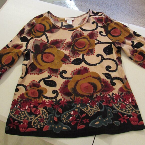 Monroe & Main Sequined Floral Cotton 3/4 Sleeve Autumn Colors Top - Picture 2 of 16